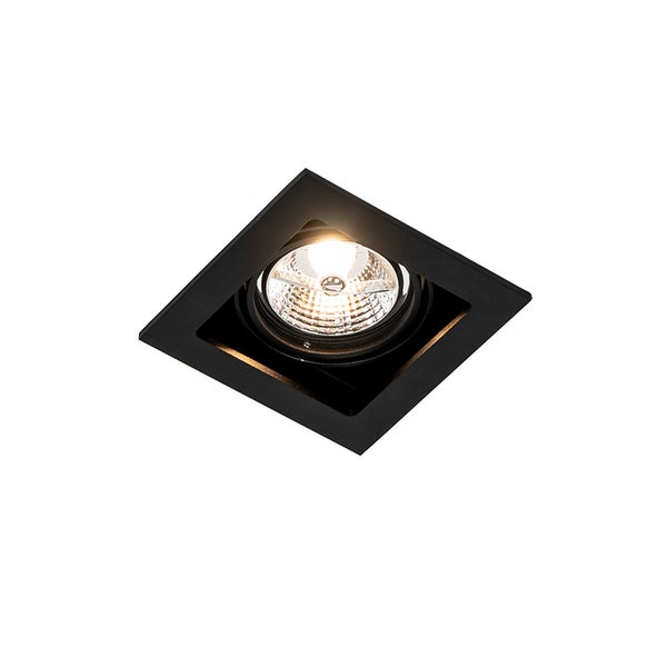 Quadratischer Einbaustrahler aus Metall in Schwarz mit leuchtendem GU10 Leuchtmittel.