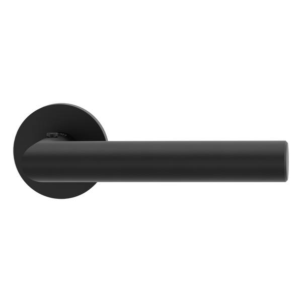 Moderner Türdrücker mit runder Rosette in Schwarz matt, zylindrische Form.