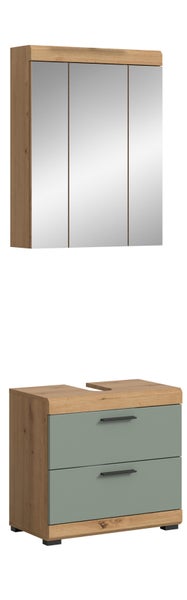 Badezimmer-Möbelset mit dreitürigem Spiegelschrank und Waschbeckenunterschrank mit zwei Schubladen in Holzoptik und Salbeigrün.