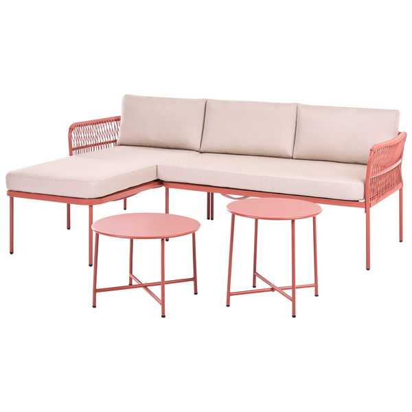 Modernes Garten-Lounge-Set bestehend aus einem Ecksofa mit Polstern und zwei runden Beistelltischen mit Metallrahmen.
