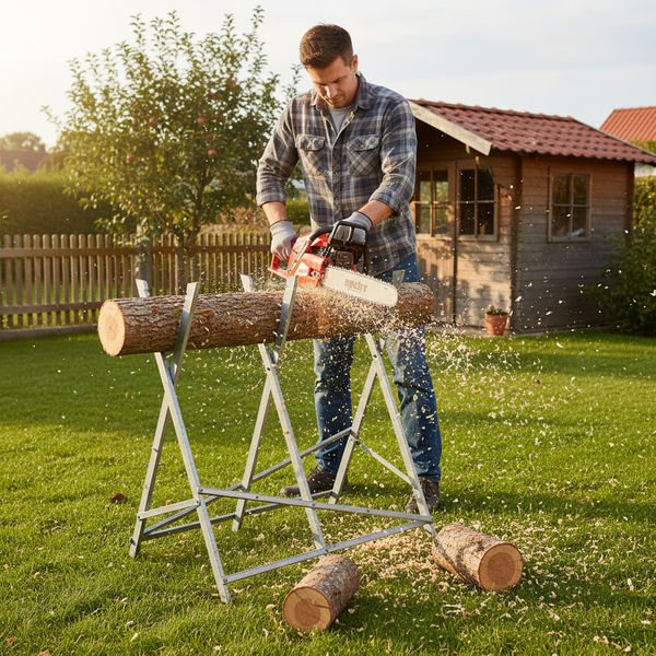Mann sägt Holzscheit mit Kettensäge auf einem Sägebock im Garten.