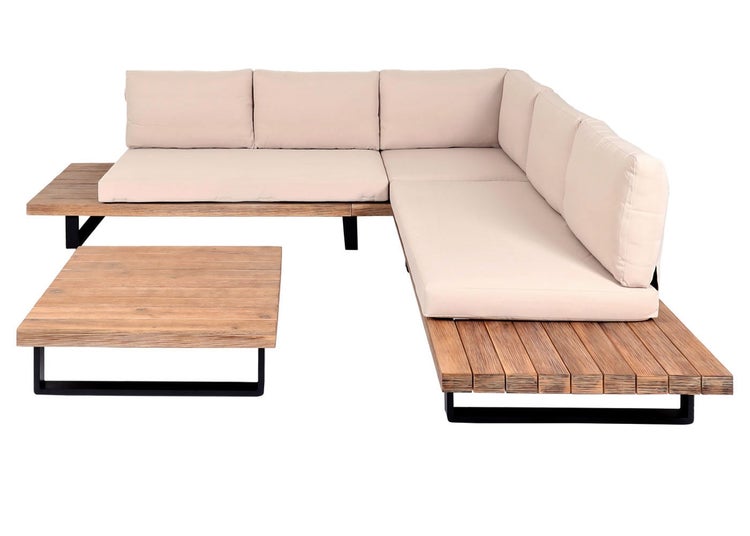 Modernes Garten-Lounge-Set bestehend aus einem Ecksofa in L-Form und einem Couchtisch aus Holz und schwarzem Metall mit hellen Polstern.