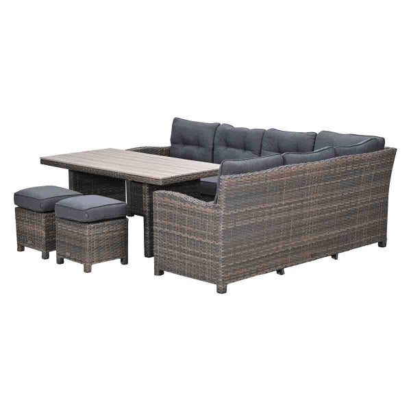 Garten-Lounge-Set aus Polyrattan mit Ecksofa, Tisch und zwei Hockern inklusive dunkelgrauer Polster.