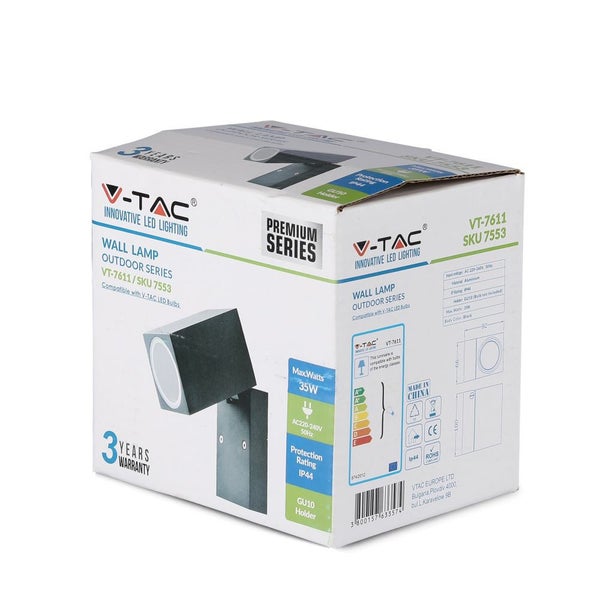 Verpackung einer V-TAC Außenwandleuchte der Premium Serie VT-7611/SKU 7553, kompatibel mit V-TAC LED-Leuchtmitteln, mit 3 Jahren Garantie und Schutzart IP44