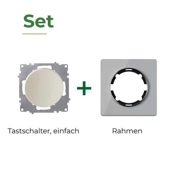 Set bestehend aus einem einfachen Tastschalter und einem passenden Abdeckrahmen für die Unterputzmontage.