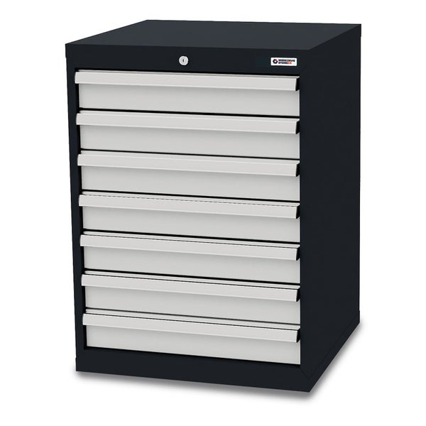Werkzeugschrank aus Metall in Anthrazit und Lichtgrau mit 7 Schubladen und Zentralschloss, Werkzeugstore24 Logo.