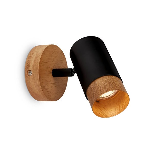 Spotlight, black, with wood, excl. 1xGU10/max.9W