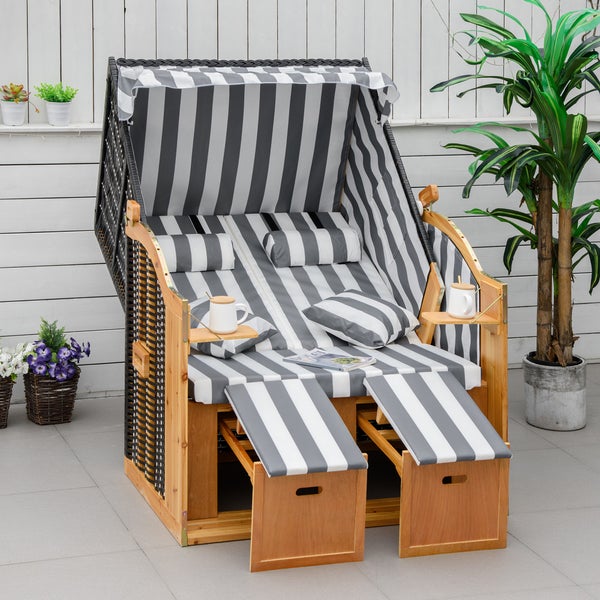 Outsunny Strandkorb Ostsee Volllieger 2-Sitzer Strandkörbe aus Tannenholz, 5-stufige verstellbare Rückenlehne, Strandkorb mit Fußbänkchen Seitentische, PE Geflecht, Strandstuhl für Balkon, Grau+Weiß