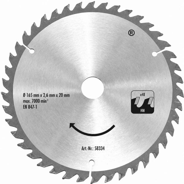 Kreissägeblatt aus Hartmetall, Durchmesser 165 Millimeter, Bohrung 20 Millimeter, Schnittbreite 2,6 Millimeter, 48 Zähne.