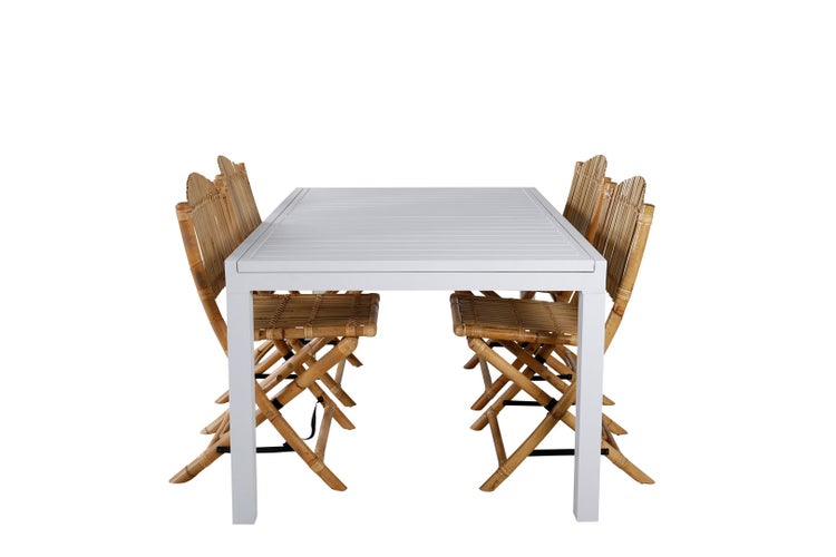 Marbella Gartenset Tisch 100x160/240cm und 4 Stühle Cane hellgrau, natur, weiß. 100 X 160 X 74 cm