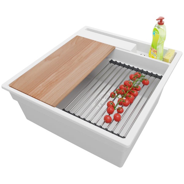 PRIMAGRAN Spülbecken Alles Weiß 48x53cm, Granitspüle 1 Becken + Ablauf-Set + Küchenzubehörset, Küchenspüle ab 50er Unterschrank - Oslo Pocket