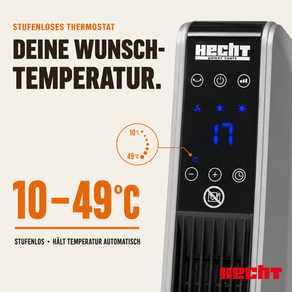 Hecht Logo. Heizgerät mit digitalem Bedienfeld und stufenlosem Thermostat von 10 bis 49 Grad Celsius.