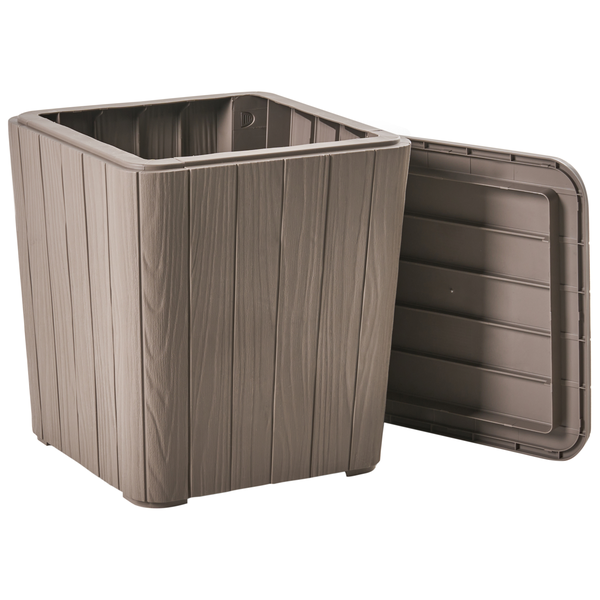 Quadratische Aufbewahrungsbox aus Kunststoff mit Holzoptik und Deckel