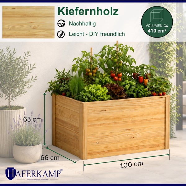 Haferkamp Hochbeet aus Kiefernholz, bepflanzt, mit den Maßen 100 mal 66 mal 65 Zentimeter.