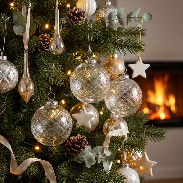 Weihnachtsbaum geschmückt mit gläsernen Weihnachtskugeln, Sternanhängern, Kiefernzapfen und Eukalyptuszweigen vor einem Kamin.