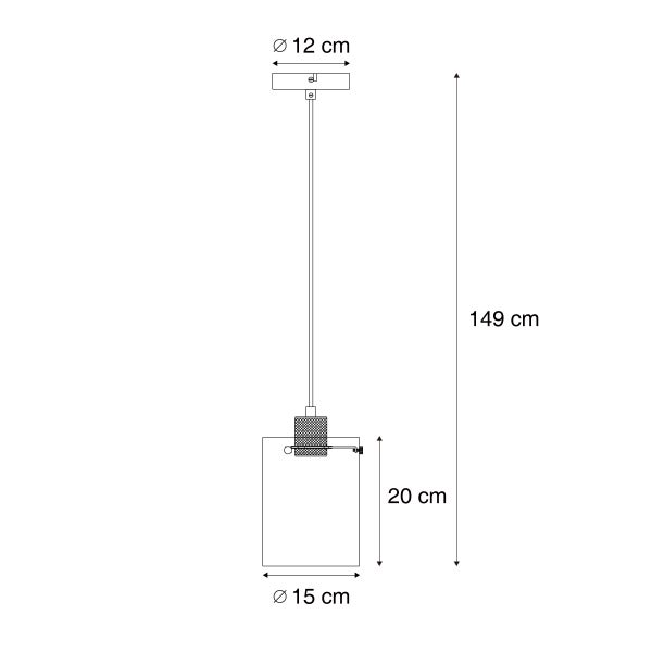 Technische Zeichnung einer Pendelleuchte mit den Maßen 149 cm Höhe, 12 cm Durchmesser der Aufhängung und 15 cm Durchmesser des Leuchtenkörpers.