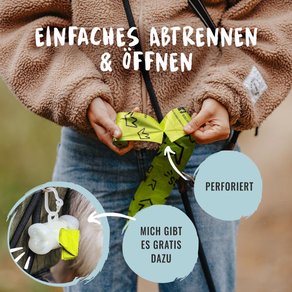 Perforierte Hundekotbeutel zum einfachen Abtrennen und Öffnen, inklusive Spender