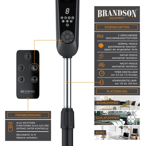 Brandson Standventilator 60W mit Timer, Luftkühler 80 Grad osziellierend, Ventilator höhenverstellbar, Kopf um 35 Grad neigbar, 3 Geschwindigkeiten