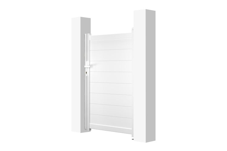 Set aus einem weißen Gartentor mit horizontalen Paneelen und zwei passenden Pfosten.