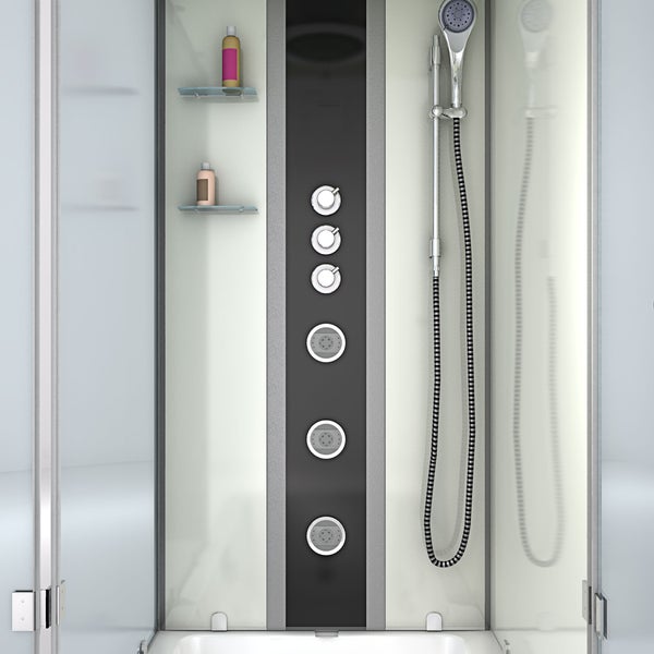Duschpaneel mit Handbrause, drei Massagedüsen, drei Drehreglern und zwei Glasablagen in einer Duschkabine.