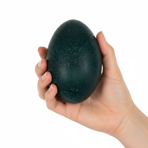 Hand hält ein großes, dunkelgrünes Ei mit strukturierter Oberfläche.
