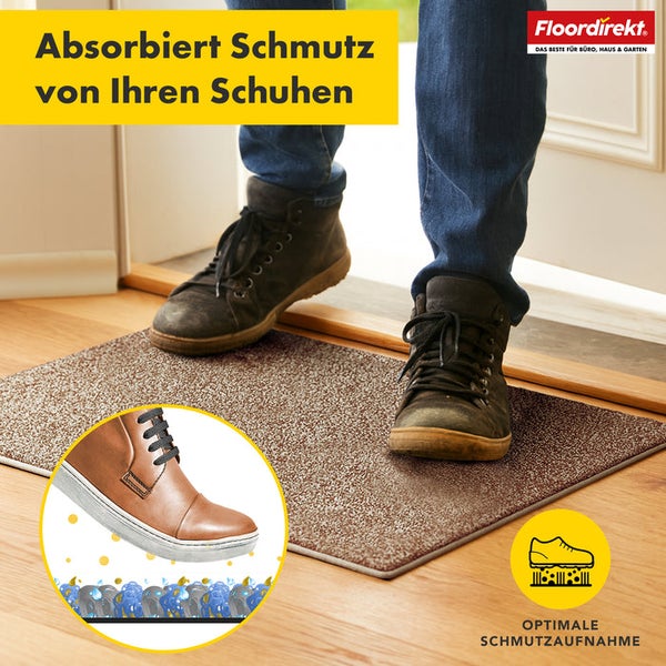 Fußabtreter vor einer Tür mit zwei Personenfüßen und dem Floordirekt Logo