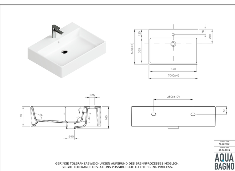 Aqua Bagno Solo Waschbecken 10.05.30.02 – 70 x 50 cm – Weiß Hochglanz – Keramikbecken mit Hahnloch & Überlauf
