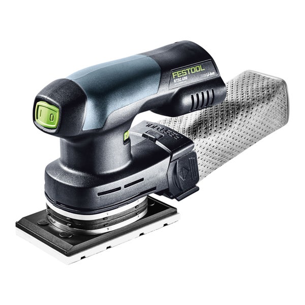 Festool Akku-Rutscher RTSC 400 mit Lithium-Ionen-Akku, rechteckiger Schleifplatte und Longlife-Staubfangbeutel.