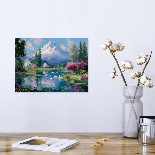 Gemälde mit Seelandschaft, Schwan und Berg im Hintergrund