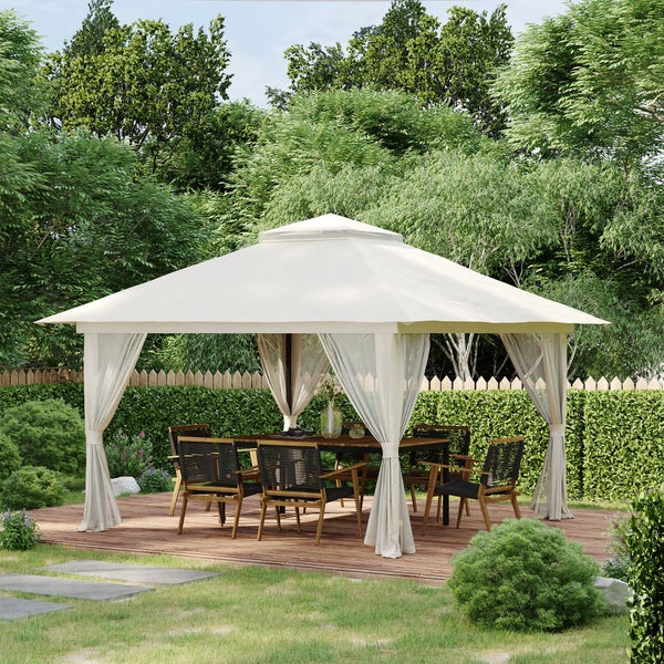 Outsunny Faltpavillon 4 x 4 m, Pavillon mit 4 Moskitonetz, Höhenverstellbares Pop-Up-Zelt UV-Schutz 50+, Partyzelt mit Doppeldach, Tragetasche, für Balkon, Campingplatz, Oxford-Polyester Cremeweiß