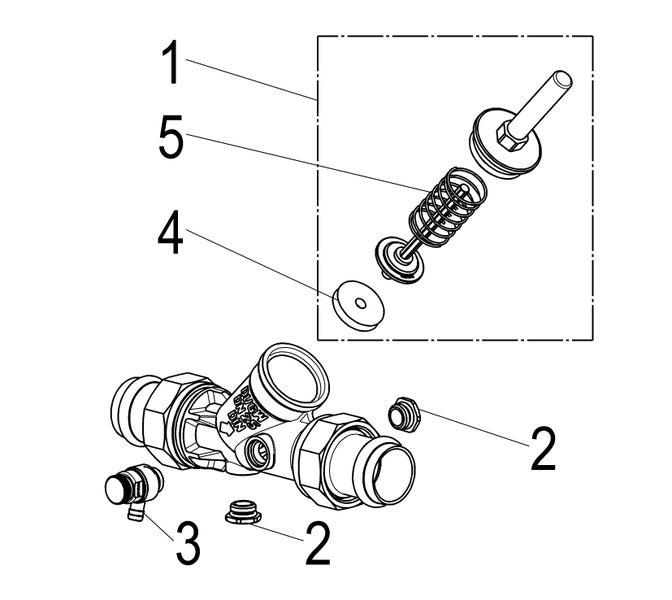 Explosionszeichnung eines Schrägsitzventils mit nummerierten Ersatzteilen wie Oberteil, Dichtungen und Entleerungsventil.