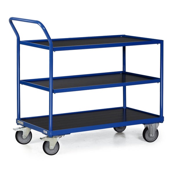 Blauer Etagenwagen mit drei Ablageflächen und Rädern.