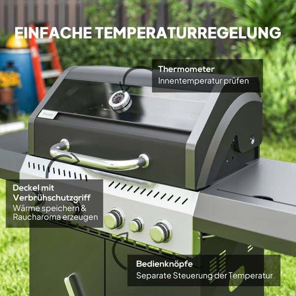 Outsunny Gasgrill 12 KW Grillwagen inkl 5 Brenner Seitenkocher Rolle Druckminderer Deckel Gasschlauch 2 Heizzonen Thermometer Seitenablagen, BBQ Gartengrill für Balkon, Grill 135 x 54 x 110 cm