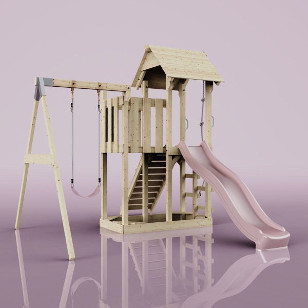 Spielturm aus Holz mit Rutsche und Schaukel