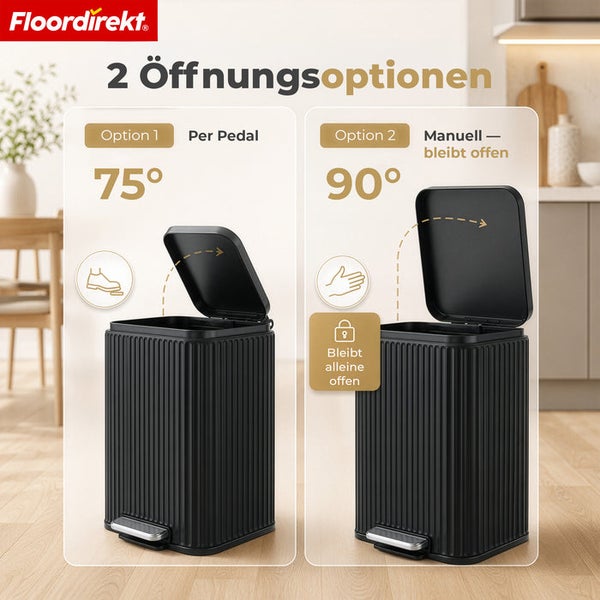 Floordirekt Logo. Schwarzer Treteimer mit zwei Öffnungsoptionen: 75 Grad per Pedal und 90 Grad bei manueller Öffnung mit Feststellfunktion.