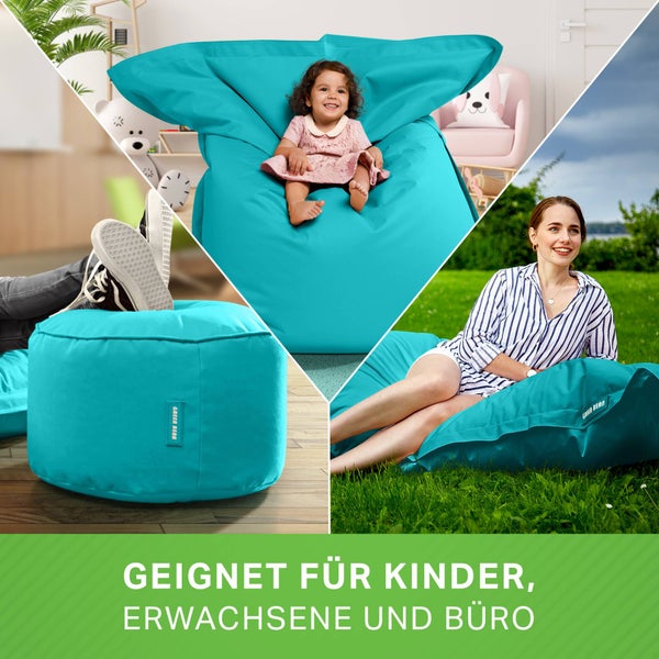 Green Bean 2er Set XXL Sitzsack inkl. Pouf fertig befüllt mit EPS-Perlen - Riesensitzsack 140x180 Lounge Sitz-Kissen Bean-Bag Chair  - Türkis