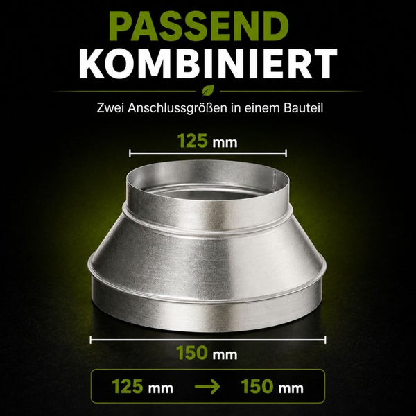 Lüftungs-Reduzierstück aus Metall mit zwei Anschlussgrößen: 125 Millimeter und 150 Millimeter.