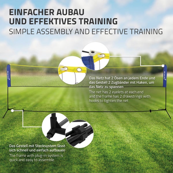 Hauki Badminton Netz, Tennisnetz 500cm, Blau, H156cm, Federballnetz Set inkl. 3x Federball, Transporttasche, stabilem Eisen-Gestell, Tragbares Volleyballnetz, Trainingsnetz Indoor & Outdoor, Garten