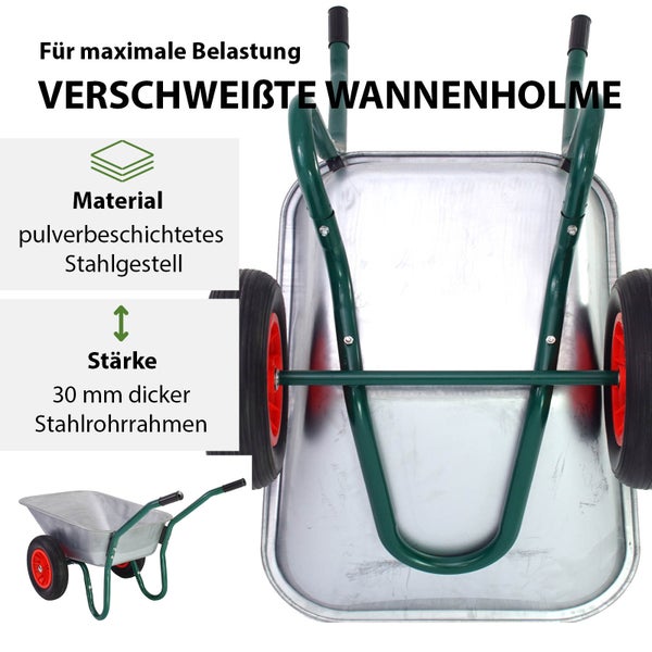 Schubkarre mit pulverbeschichtetem Stahlgestell und 30 Millimeter dickem Stahlrohrrahmen