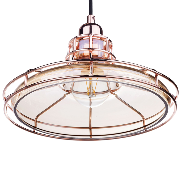 Hängeleuchte aus Metall und Glas im Industrial-Stil mit Metallkäfig.