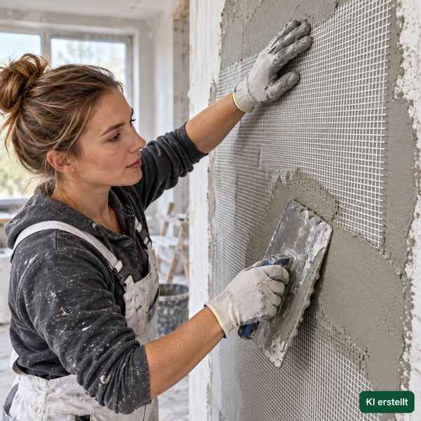 Handwerkerin beim Verputzen einer Wand mit Armierungsgewebe und Glättkelle im Innenbereich.