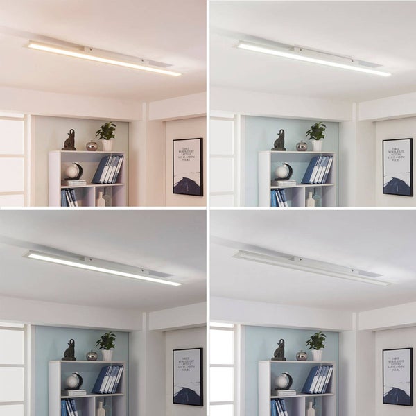 Schmale, rechteckige LED-Deckenleuchte in einem Zimmer, dargestellt in vier Stufen von warmweißem bis zu kaltweißem Licht.