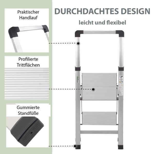 Aluminium Haushaltsleiter mit zwei Stufen und rutschfesten Füßen