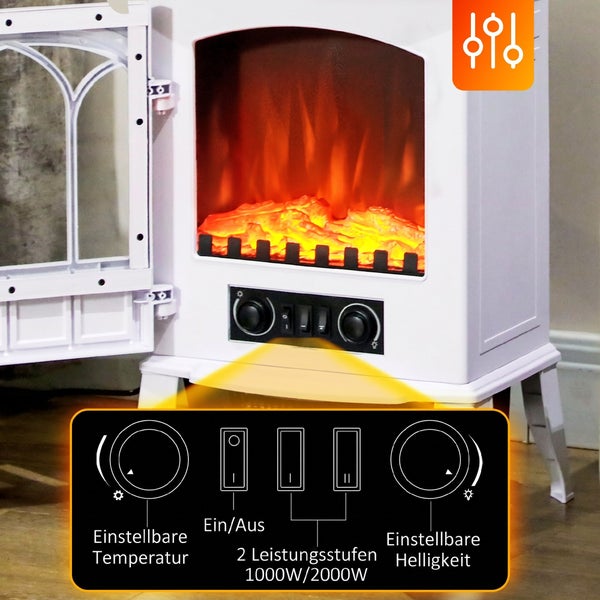 Weißer elektrischer Kamin mit Flammeneffekt, zwei Heizstufen von 1000 Watt oder 2000 Watt, einstellbarer Temperatur und regulierbarer Helligkeit.