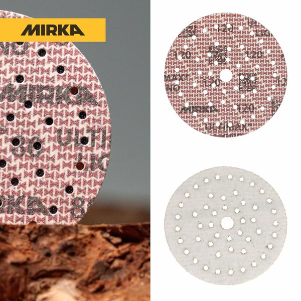 Mirka Ultimax Schleifscheibe mit Lochung für Exzenterschleifer, runde Schleifscheibe für Holzbearbeitung, verschiedene Ansichten