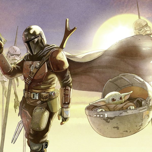 Illustration von Mandalorianer und Grogu mit Sturmtruppen im Hintergrund