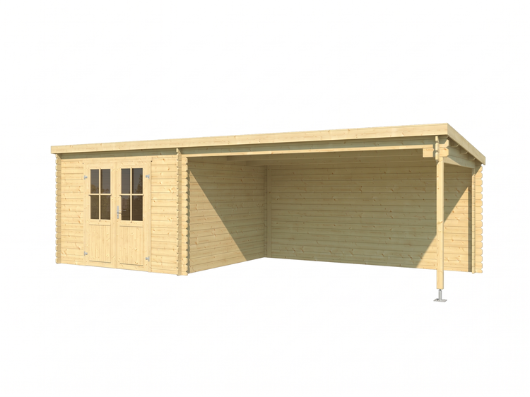 Gartenhaus aus Holz mit Pultdach, Doppeltür mit Fensterausschnitten und seitlichem Schleppdach.
