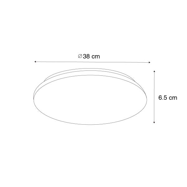 Skizze einer Deckenleuchte mit einem Durchmesser von 38 Zentimetern und einer Höhe von 6,5 Zentimetern.