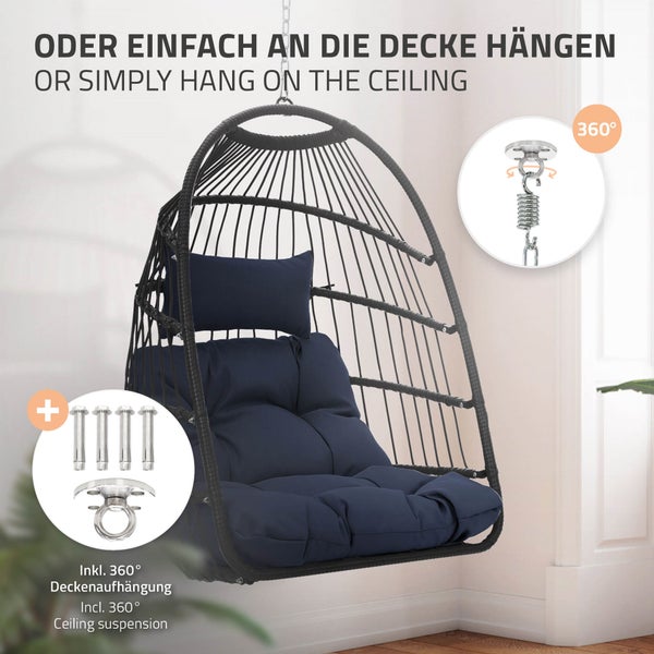 ECD Germany Hängesessel mit Gestell und Kissen + Deckenhalterung, Navyblau, Rattan-Optik, Stahl, höhenverstellbar & faltbar, Indoor/Outdoor, Hängestuhl Hängekorb Hängeschaukel Hängesitz, für Garten