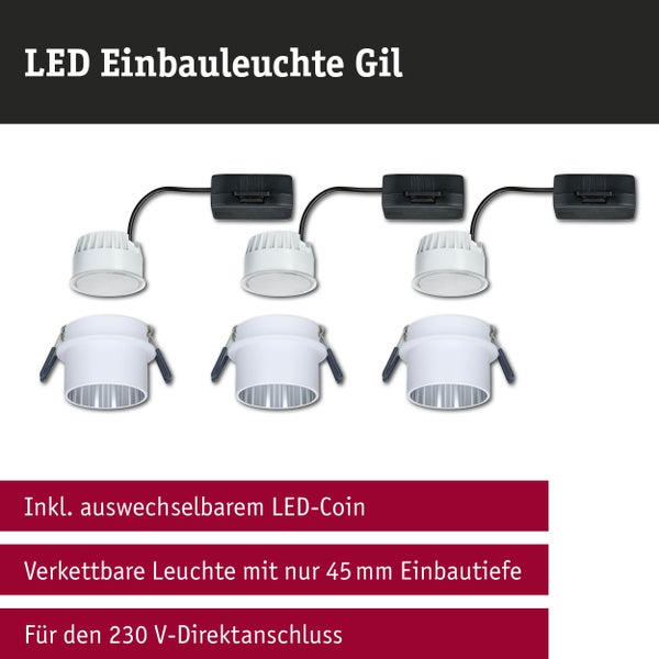 Dreiteiliges Set verkettbare LED Einbauleuchten Gil mit auswechselbaren LED-Coins, 45 Millimeter Einbautiefe und 230 Volt Direktanschluss.